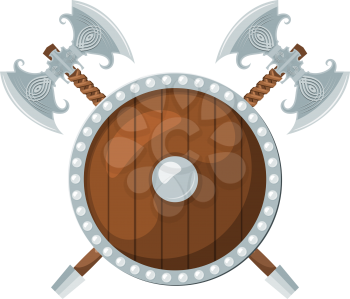 Color image of a round shield and two battle axes on a white background. Viking weaponry in Cartoon style. Vector illustration
