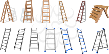 Set of wooden and metall stairs. Wooden, metall  staircase on a white background. Vector ladders illustratio