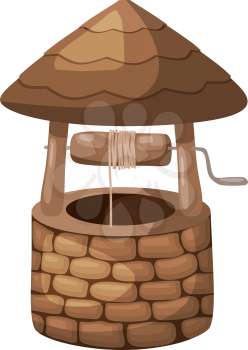 Color image of a simple well with a roof on a white background in the style of a cartoon. Vector illustration