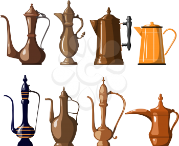 Set of old traditional coffee pots on a white background isolated object. A collection of utensils for coffee in the style of a cartoon food sign. Vector illustration