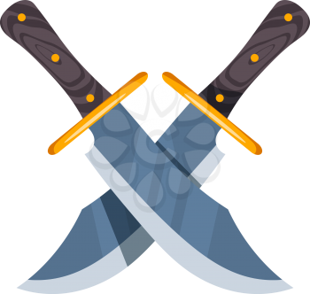 Two crossed hunter knife on white background. Vector illustration Cartoon style knives