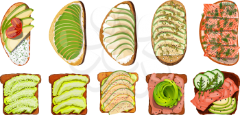 Set of toasts with salmon meat, avocado, cucumber, tomato, parsley on a white background isolated food item snack lunch sandwiches with fruit vegetables and seafood vector stock illustration