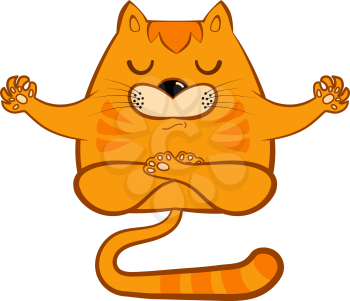 Red cartoon cat in a yoga pose on a white background. Yellow cat asana vector illustration Animal meditation