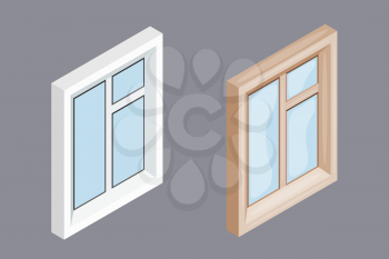 Two windows in isometric style on a gray background. New plastic window and old wooden window, the elements of construction of the house. Vector illustration