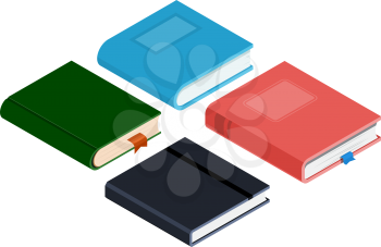 Set of different books in isometric style on a white background. Vector illustration of paper products for business, leisure, learning.