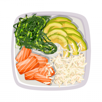 White square poke bowl with salmon, avocado, rice and sea kale on a white background. Trend Hawaiian food. Vector illustration of healthy food.