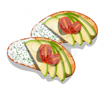 Beautifully plated avocado toast.  Sandwich with avocado mayonnaise, tomato. Vector illustration of vegetarian and healthy food.