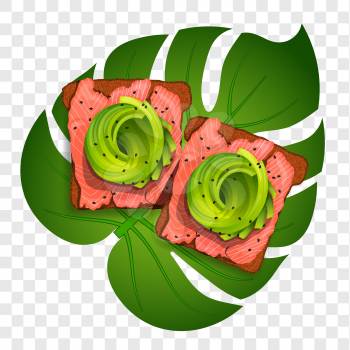 Beautifully plated avocado toast.  Sandwich with avocado, salmon and black sesame on a tropical leaf on a transparent background. Vector illustration healthy food.