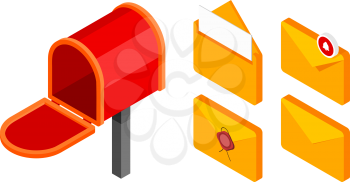Red mailbox and envelope collection in isometric style on a white background. Vector illustration of mail icons
