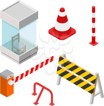 Isometric set of isometric elements. Icons for parking. Parking zone icon. Collection of barriers in the style of isometrics. Vector illustration