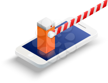 The concept of mobile communication ban. Mobile phone with a barrier on a white background. Vector illustration