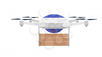 Drone with a load on a white background. Aerial apparatus with brown boxes. Vector illustration
