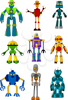 Mechanical robots set in cartoon variations. Vector illustrations