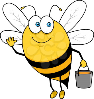 Cheerful cartoon bee character with honey bucket waving hand in welcoming gesture for healthy food mascot or advertisement design