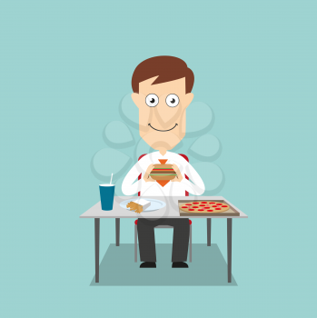 Businessman sitting at table and eating fast food lunch with pizza, hamburger, french fries and soda. Cartoon flat style