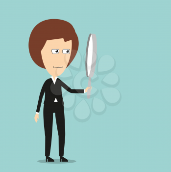 Strict business woman with magnifying glass, for inspection or search concept. Cartoon flat style 
