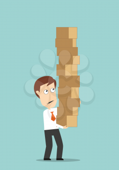 Overburdened businessman carrying a high stack of cardboard boxes, for overloading design. Cartoon flat style