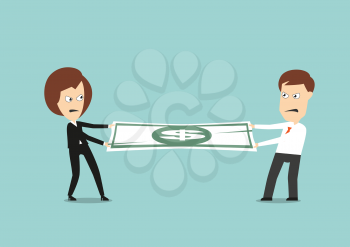 Businessman and business woman fights over for money, pulling the dollar bill to opposite sides, for business competition design. Cartoon flat style 