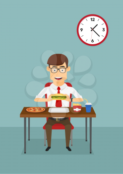 Businessman eating fast food dinner with hamburger, pizza, french fries and soft drink at the table in the office cafeteria, for business lunch or dinner design. Cartoon flat style 