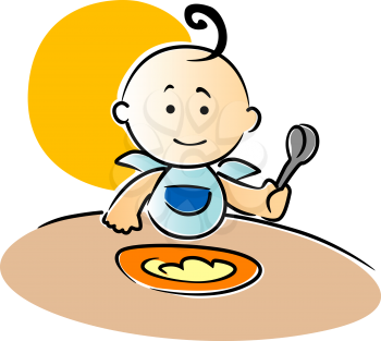 Cute little baby wearing a blue bib with a curl on top of its head sitting eating its food holding a spoon in its fist, vector illustration