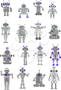 Large black , grey and white vector set of toy robots or aliens standing facing the viewer with sixteen different designs