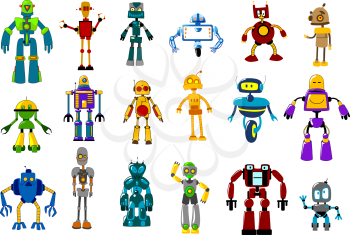 Cyborgs, robots and aliens set in cartoon style isolated on white