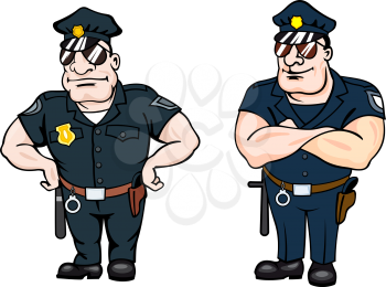 Two large beefy determined police officers, one standing with his hands on his hips and the other with folded arms, cartoon vector illustration on white