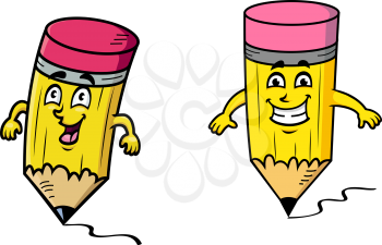 Two happy pencils with colorful pink rubbers and grinning smiles drawing squiggly lines in a back to school concept, vector illustration on white