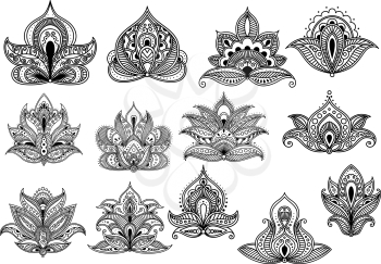 Large set of ornate black and white paisley vector floral design elements or motifs with intricate patterns
