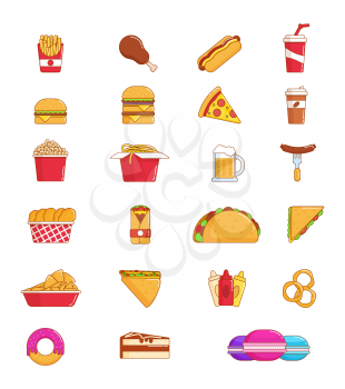 Fast food thin line icon set of junk snack. Hamburger, pizza and hot dog, meat sandwich, donut and chicken, coffee, soda, french fries, cheeseburger, cake and chinese noodle, taco, popcorn and nacho