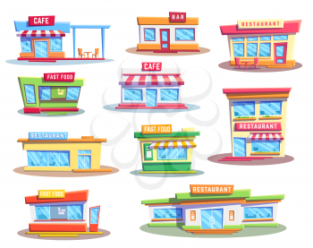 Fast food restaurant and cafe buildings, vector icons set. Exteriors of house facades, storefronts of burger shop or store, cafeteria, pub or bar and pizzeria with doors, windows, signboards, awnings