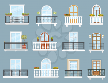 Balconies of house or apartment building vector design of architecture elements. Home facade balconies with windows, doors and railings, iron and stone balustrades with glass, flower cachepots, lamps