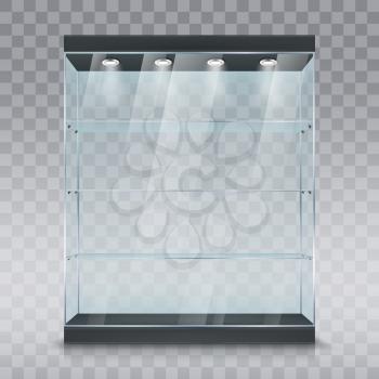 Glass showcase or display cabinet realistic vector mockup of shop or museum stand with glass shelves and spotlights on transparent background. Retail store, supermarket or exhibition furniture design