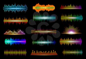 Neon sound waves of music digital equalizer vector design of audio technology. Music wave abstract patterns of audio spectrum with bright light bars of beat pulse and volume lines, musical waveforms