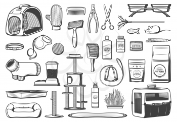 Pet care supplies for cats isolated vector icons. Food, grooming brush and glove accessories, toys, stand house on scratching posts, feeder and feeding bowl stand, carrier and litter tray with scoop