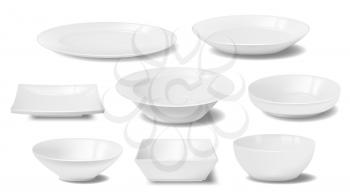 White plate, dish and food bowl realistic mockups of vector dishware and tableware. Empty clean ceramic or porcelain dinner plates, square and round crockery, restaurant and household kitchenware