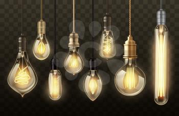 Light bulbs on transparent background realistic vector design. Glowing lamps of hanging filament or incandescent lightbulb, vintage ceiling pendants with warm yellow light, indoor lighting themes