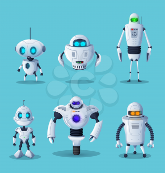 Robot cartoon characters of vector ai future technology and science design. Artificial intelligence machines, cyborgs or androids, humanoid robots with white metal body parts, buttons and cute faces
