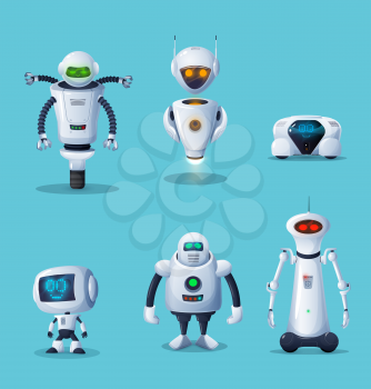 Robot and ai machine cartoon characters. Vector white robotic toys, future technology cyborgs, androids and humanoid droids with screen faces, buttons, antennas and manipulators, robotics engineering