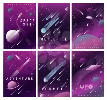 Space vector posters with flat planets, rockets, galaxy comets and stars, alien universe UFO, spaceship, meteorites and shuttle. Outer space travel, adventure and astronomy science design