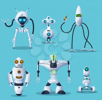 Robot, bot, android and cyborg cartoon characters of vector ai or artificial intelligence. Mobile robots with legs, wheels and manipulator arms, robotic helpers of future technologies and robotics