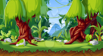 Cartoon game interface, vector forest or jungle landscape, seamless background with parallax effect. Panoramic wallpaper with tropical plants, lianas, rocks and trees on green grass and mountains view