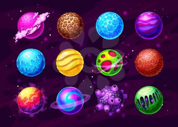 Fantasy planets, alien worlds in deep space cartoon set. Frozen and hot, covered water, ice and lava planets with satellites, asteroid with rocky surface vector icon. UI, GUI interface design elements