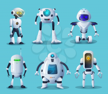Robot and android bot vector characters of artificial intelligence technologies. Cartoon white cyborgs and droids with robotic arms, manipulators, legs and wheels, modern robot helpers design