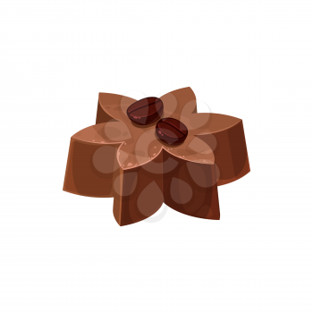 Flower shape chocolate candy with coffee beans isolated sweet food dessert. Vector homemade realistic treat of brown chocolate, 3D confection sign, nutrition belgian or swiss chocolate treat