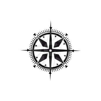 Retro compass isolated monochrome icon. Vector navigation and orientation instrument showing direction. Wind rose geographic cardinal, compass rose diagram pointing north, south, east, and west