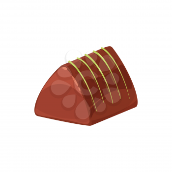 Pyramid shape chocolate candy isolated single treat. Vector dessert of sugar and cocoa, sweet food snack, triangle confection item. Homemade praline with brown glaze, triangular realistic candy