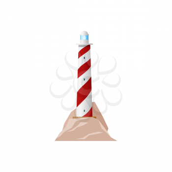 Lighthouse marine tower with searchlight to navigate ships isolated icon. Vector seafarer striped construction with entrance door and windows. Nautical sea navigation beacon navy building at coastline