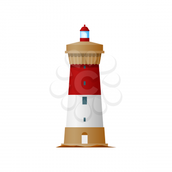 Lighthouse or light house and sea bacon, beach vintage old nautical shore and storm building, vector. Coast navigation ocean tower, lighthouse or signal beacon, marine and ship travel searchlight icon