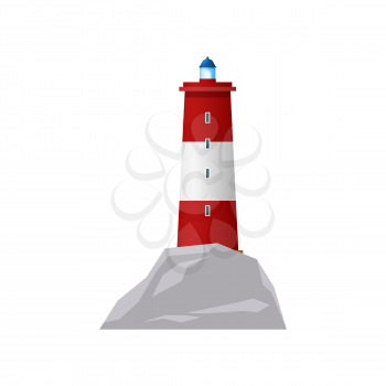 Lighthouse or sea beacon tower light, nautical searchlight vector flat isolated icon. Ocean navigation signal or coast red white light house, marine travel beam sign and ship sailing direction guide